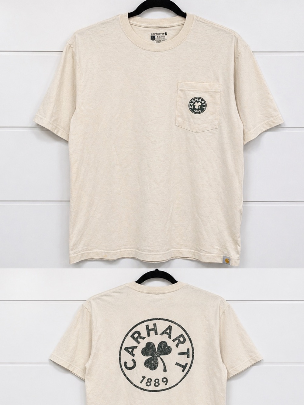 Y2K Carhartt Mens Cotton Tee with Distressed Shamrock Graphic Large